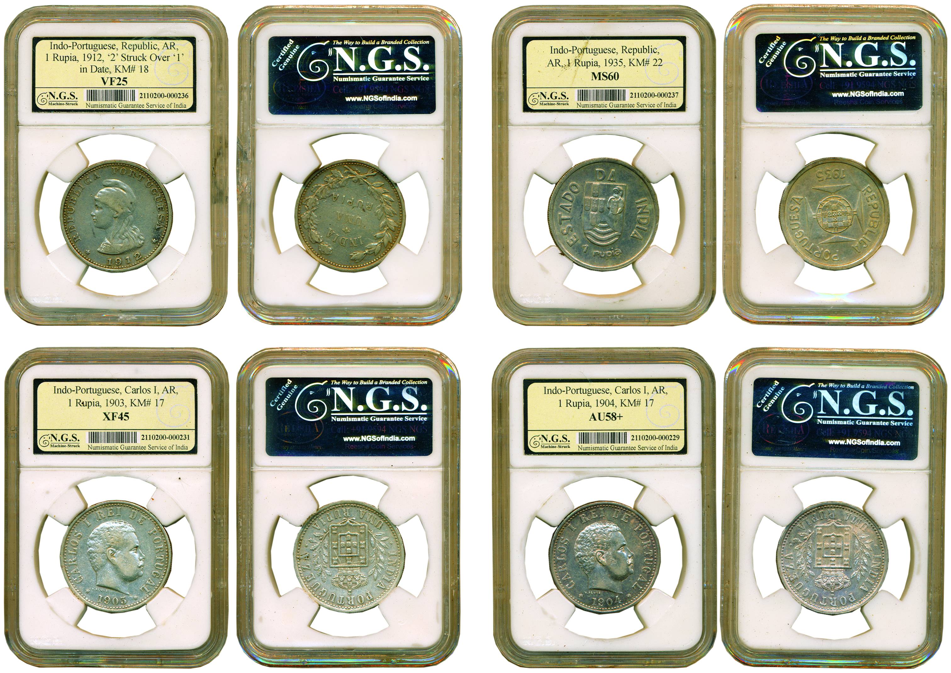 Goa, Silver (4), Carlos I, Rupia, 1903, Graded as XF 45; 1904, Graded as AU 58+; Republic,