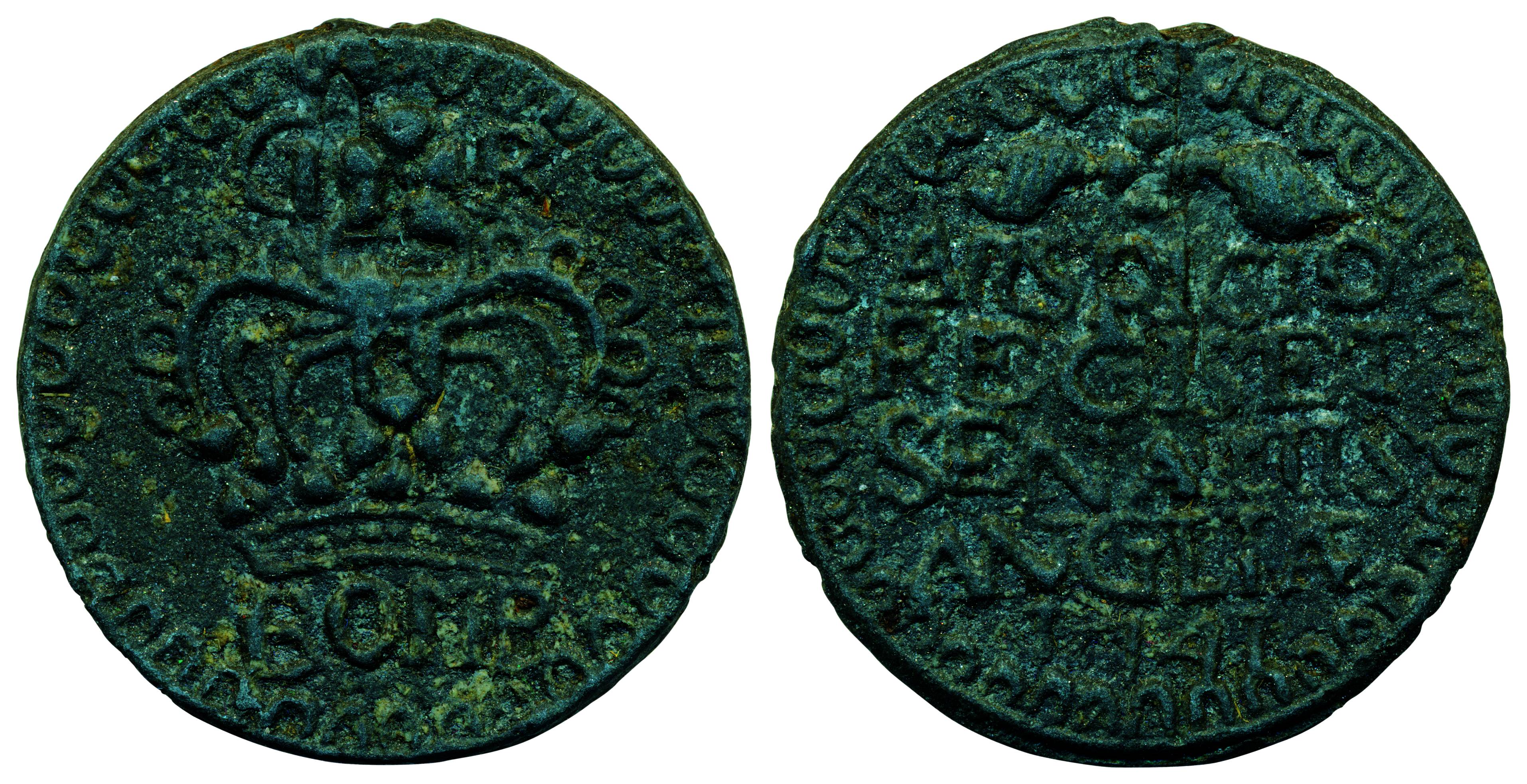 Double Pice, Tin, 29.10 g, BOMB written below a large Crown on obv; legend AUSPCIO / REGIS