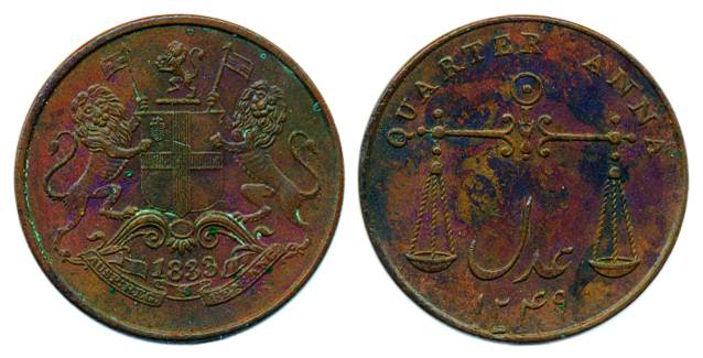 Copper, ¼ Anna, 1833, AH 1249, scales on obv with Adal and coat of arms of the Company on 