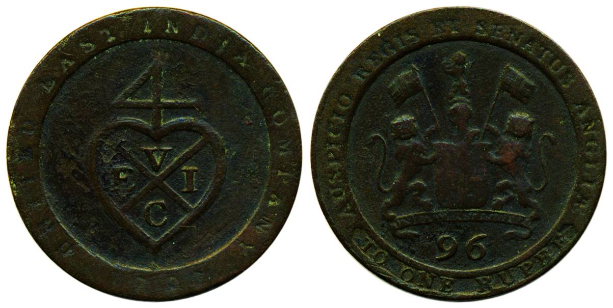 Copper, Dub or 1/96-Rupee, 1797, Soho Mint, obv: United East India Company written under c