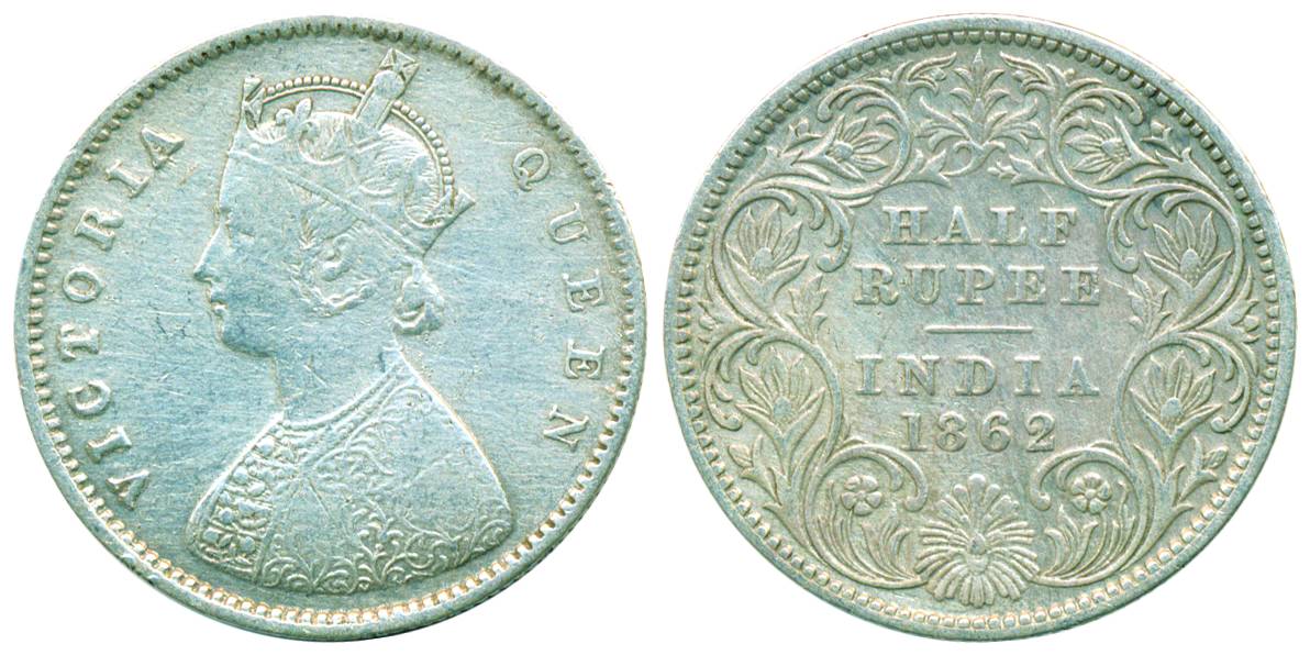 Victoria Queen, Silver, ½ Rupee, 1862, Calcutta Mint, A/I/No mm (Pridmore # 255). Scarce, 