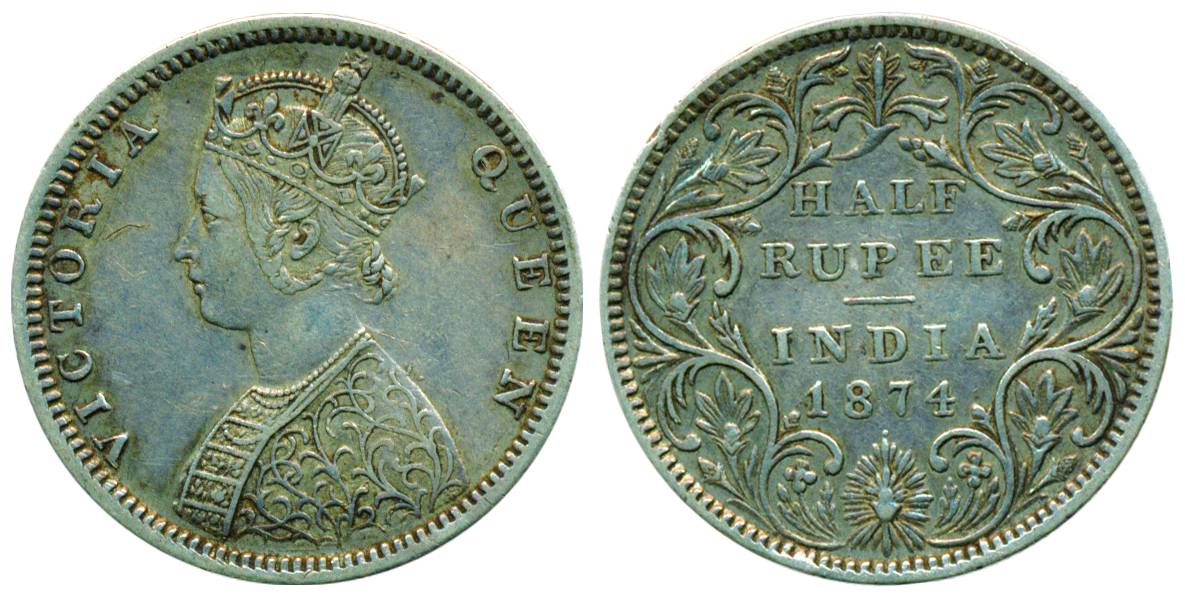 Victoria Queen, Silver, ½ Rupee, Bombay Mint, 1874, B1/II/dot (Pridmore# 284). About Extre