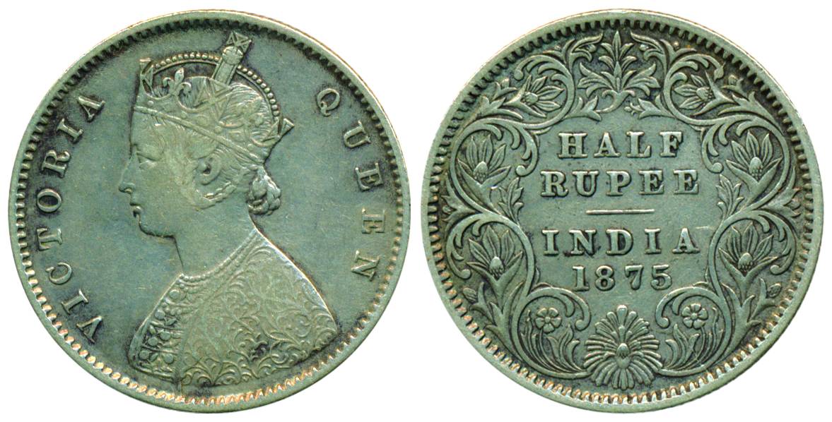 12-6 Victoria Queen, Silver, ½ Rupee, Calcutta Mint, 1875, A/I/No mm (Pridmore# 260). Very