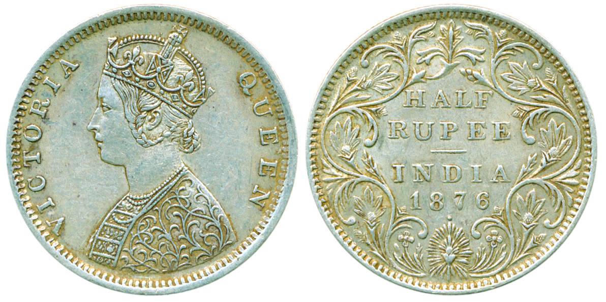 Victoria Queen, Silver, ½ Rupee, Bombay Mint, 1876, B2/II/dot (Pridmore# 287) Extremely Fi