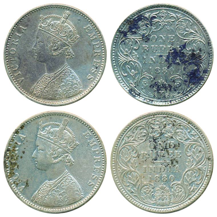 Victoria Empress, Silver, Rupee (2), Bombay Mint, 1880, A3/I/dot and A3/IV/dot (Pridmore# 