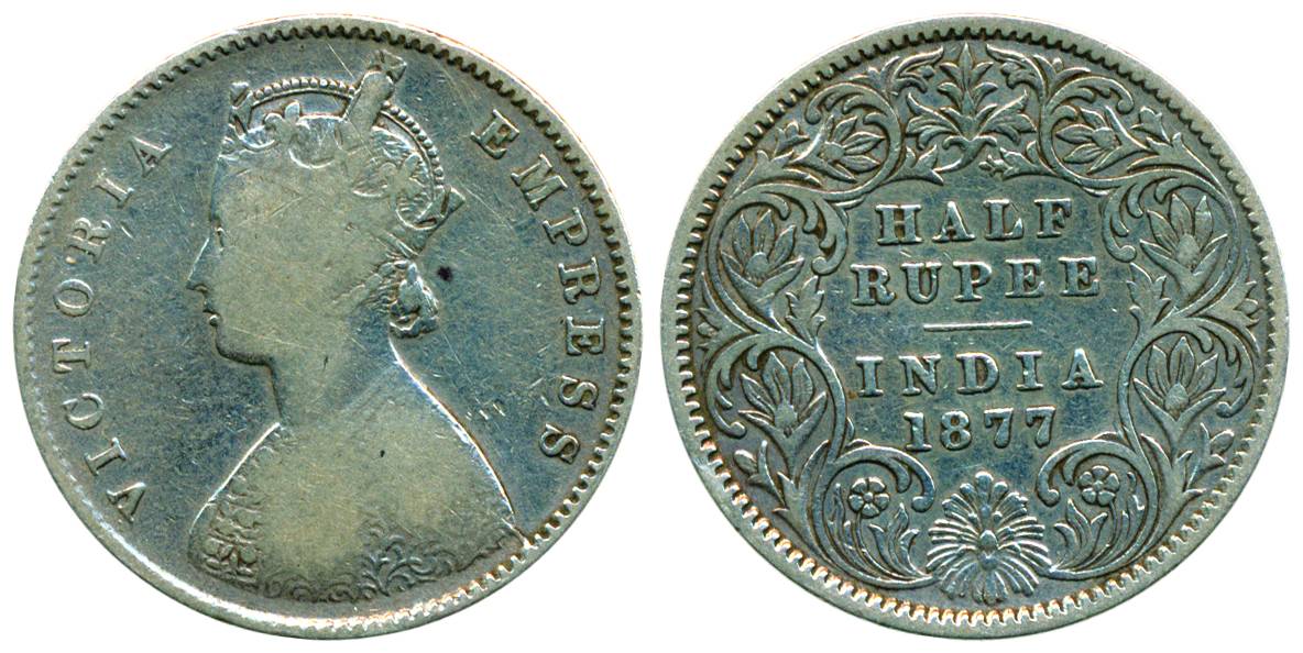 Victoria Empress, Silver, ½ Rupee, Calcutta Mint, 1877, A/I/No mm (Pridmore# 261).Fine+, R
