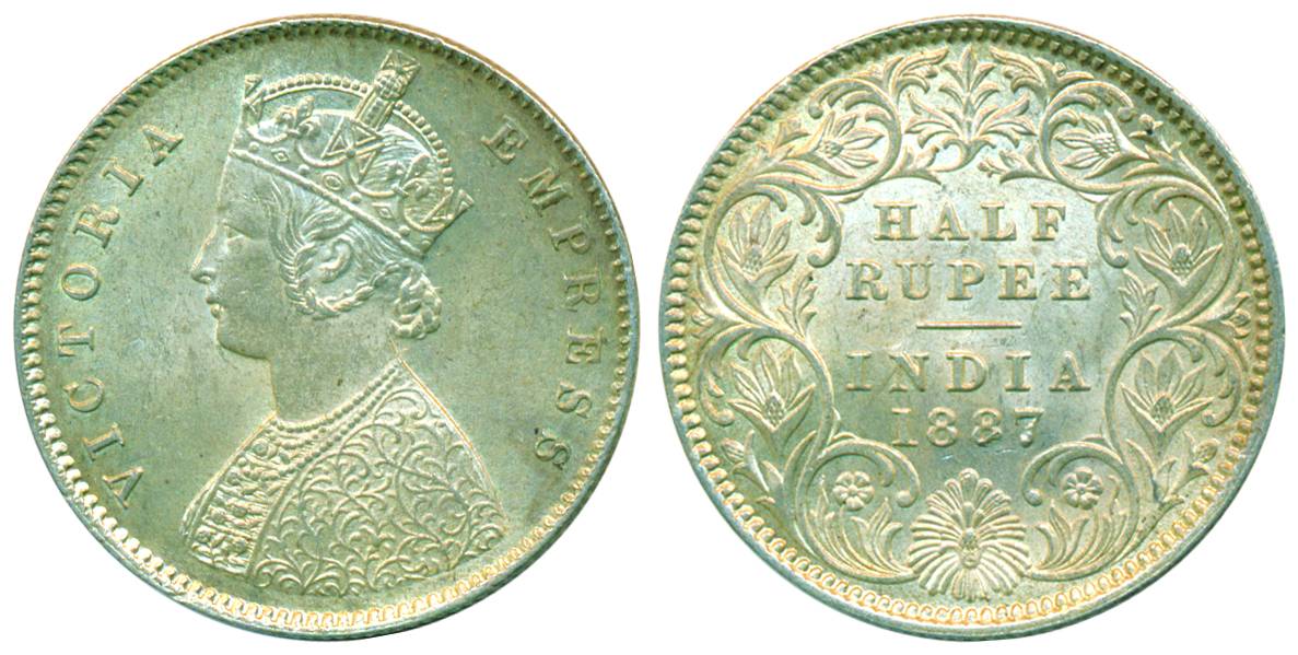Victoria Empress, Silver, ½ Rupee, Calcutta Mint, 1887, A/I/’C’ incused (Pridmore# 271). A