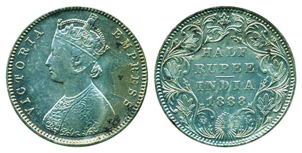 Victoria Empress, Silver, ½ Rupee, 1888, Bombay Mint, A/II/No mm (Pridmore # 297). About V