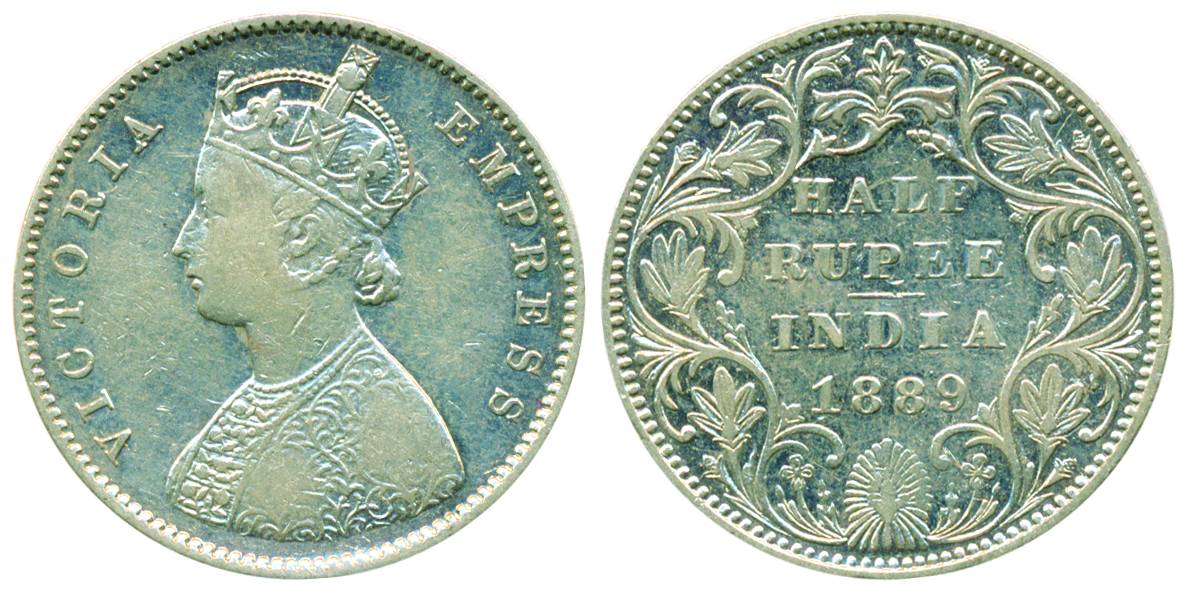 Victoria Empress, Silver, ½ Rupee, Bombay Mint, 1889, A/II/’B’ raised (Pridmore# 299). Abo