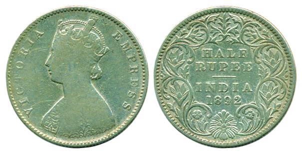 Victoria Empress, Silver, ½ Rupee, 1892, Calcutta Mint, A/I/’C’ raised (Pridmore # 276). F