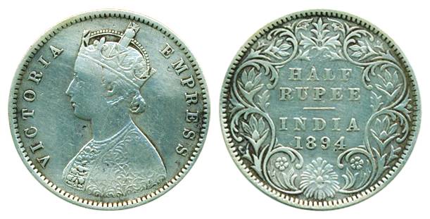 Victoria Empress, Silver, ½ Rupee, 1894, Bombay Mint, A/I/’B’ raised (Pridmore # 304). Abo