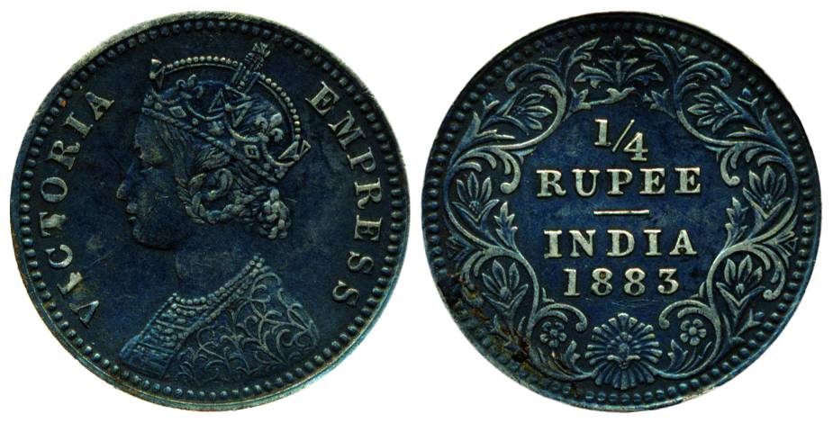 Victoria Empress, Silver, ¼ Rupee, Calcutta Mint, 1883, C/II/’C’ incused (Pridmore# 388). 