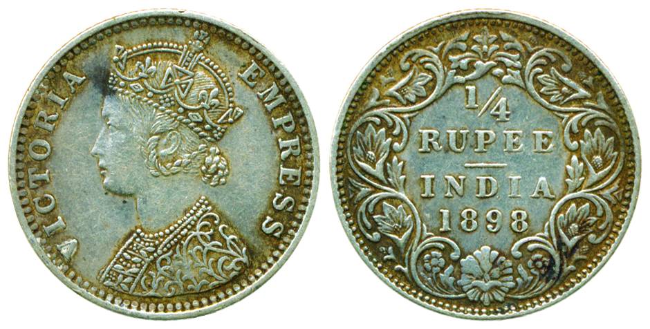 Victoria Empress, Silver, ¼ Rupee, 1898, Bombay Mint, C/I/’B’ incused (Pridmore # 431). Ex