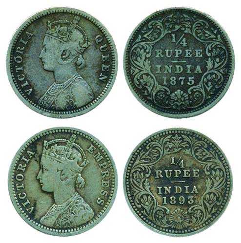 Victoria Queen/Empress, Silver, ¼ Rupee (2), Bombay Mint, 1875, A/I/No mm, and Calcutta Mi