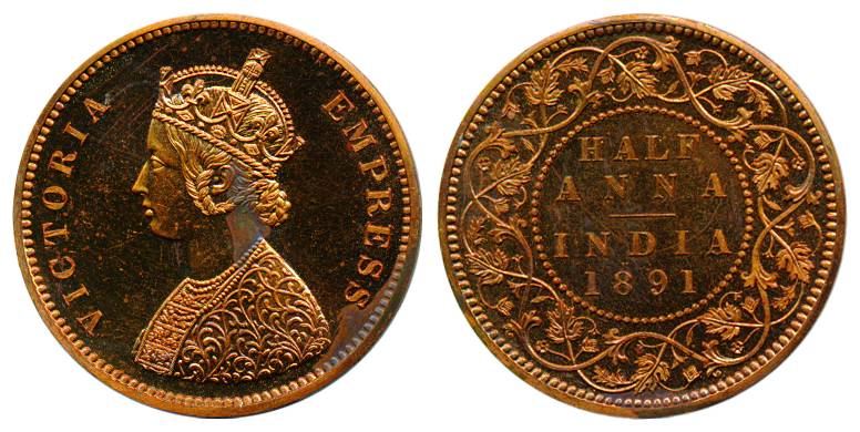 Victoria Empress, Copper, ½ Anna Proof, Calcutta Mint, 1891, Bust ‘B’. Mint State, Proof R