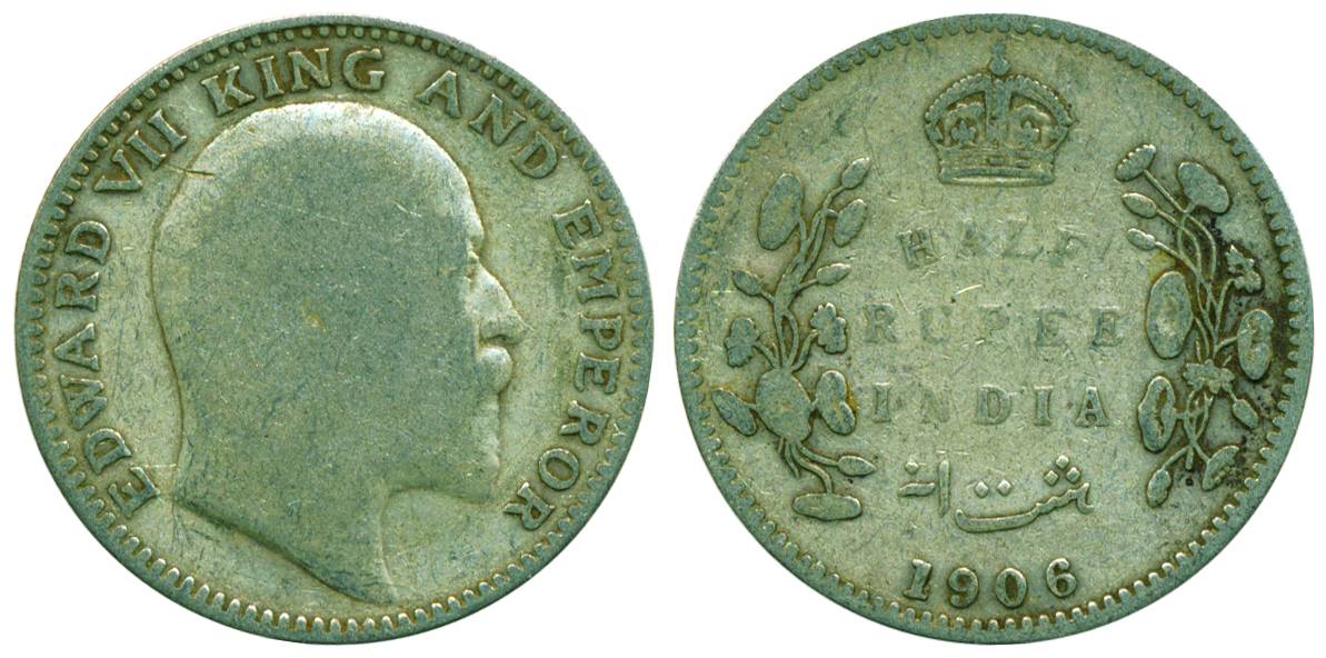 Edward VII, Silver, ½ Rupee, Bombay Mint, 1906, ‘B’ incused (Pridmore# 315). Fine, Very Ra