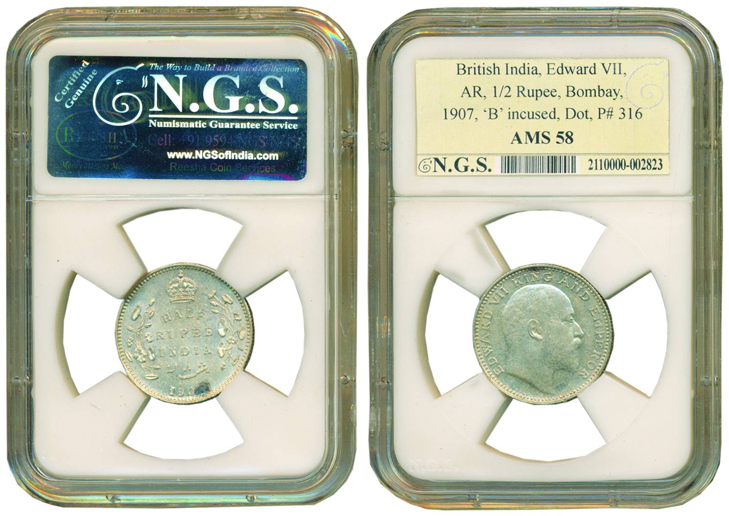 Edward VII, Silver, ½ Rupee, 1907, Bombay Mint, B Incused, Dot mint mark (Pridmore# 316). 
