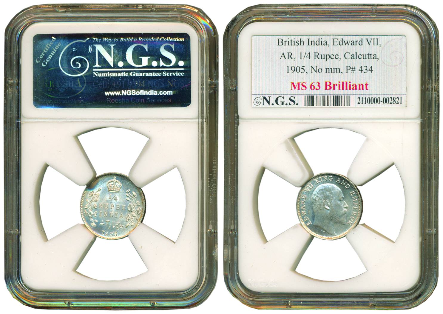 Edward VII, Silver, ¼ Rupee, 1905, Calcutta Mint, No mint mark (Pridmore# 434). Graded and