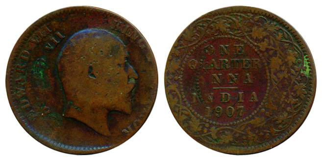 Edward VII, Copper, ¼ Anna, Calcutta Mint, 1907, Beautiful Error, Die Shift on both sides,