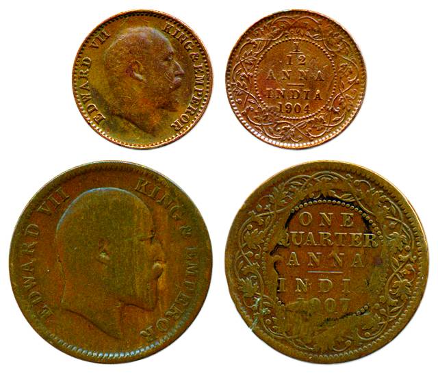 Edward VII, Copper (2), ¼ Anna, 1907 and 1/12 Anna, 1904. Both with the Ghost image of the
