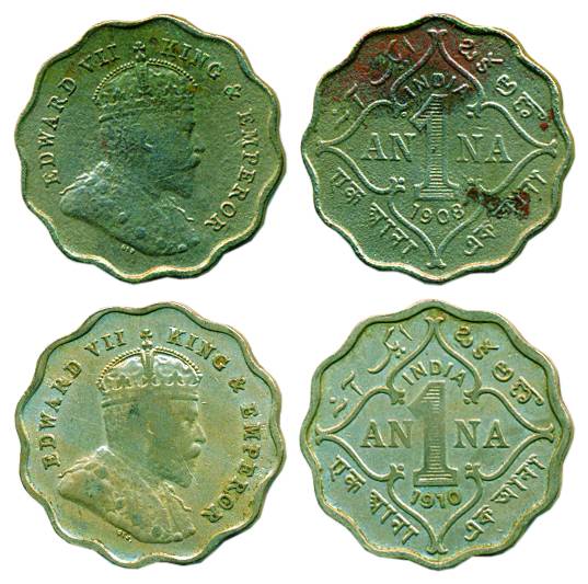 Edward VII, Nickel (2), 1 Anna, 1908 and 1910. Very Fine, Scarce. 2 coins