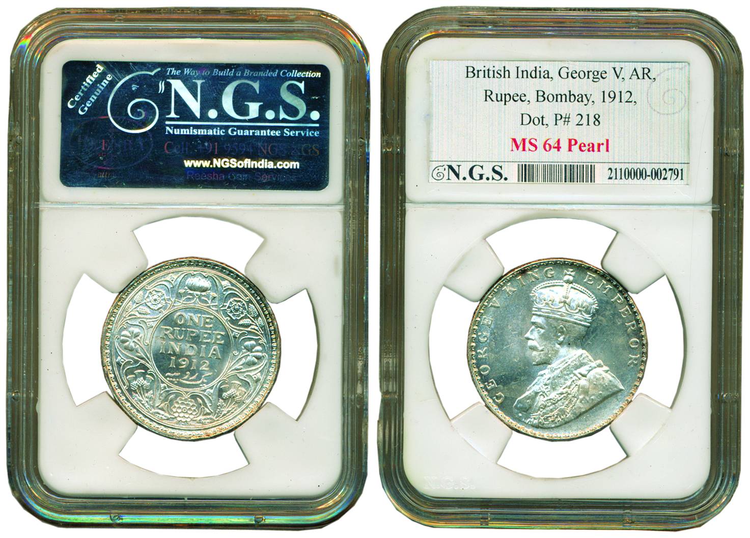 George V, Silver, Rupee, 1912, Bombay Mint, Dot mint mark (Pridmore# 218). Graded and Slab
