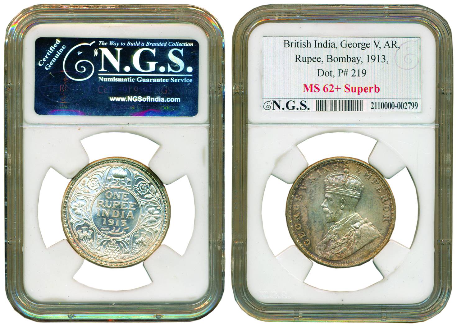 George V, Silver, Rupee, 1913, Bombay Mint, Dot mint mark (Pridmore# 219). Graded and Slab