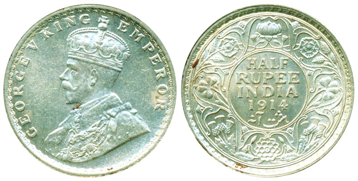 George V, Silver, ½ Rupee, Calcutta Mint, 1914, No dot (Pridmore# 321). UNC, Scarce.