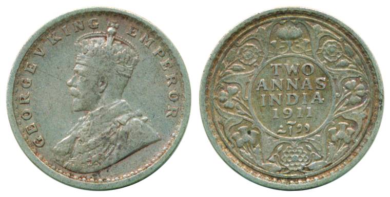 George V, Silver, 2 Annas, Calcutta Mint, 1911, Pig type (Pridmore# 564).About Very Fine, 