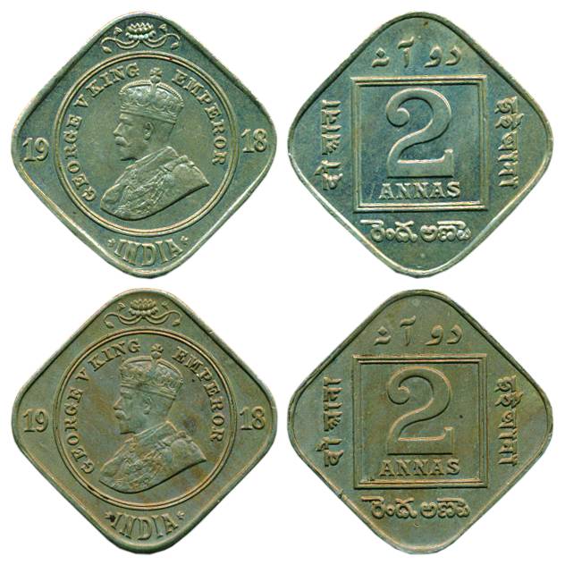 George V, Cupro-Nickel, 2 Annas (2), Bombay and Calcutta Mint, 1918 (Pridmore# 880, 894). 