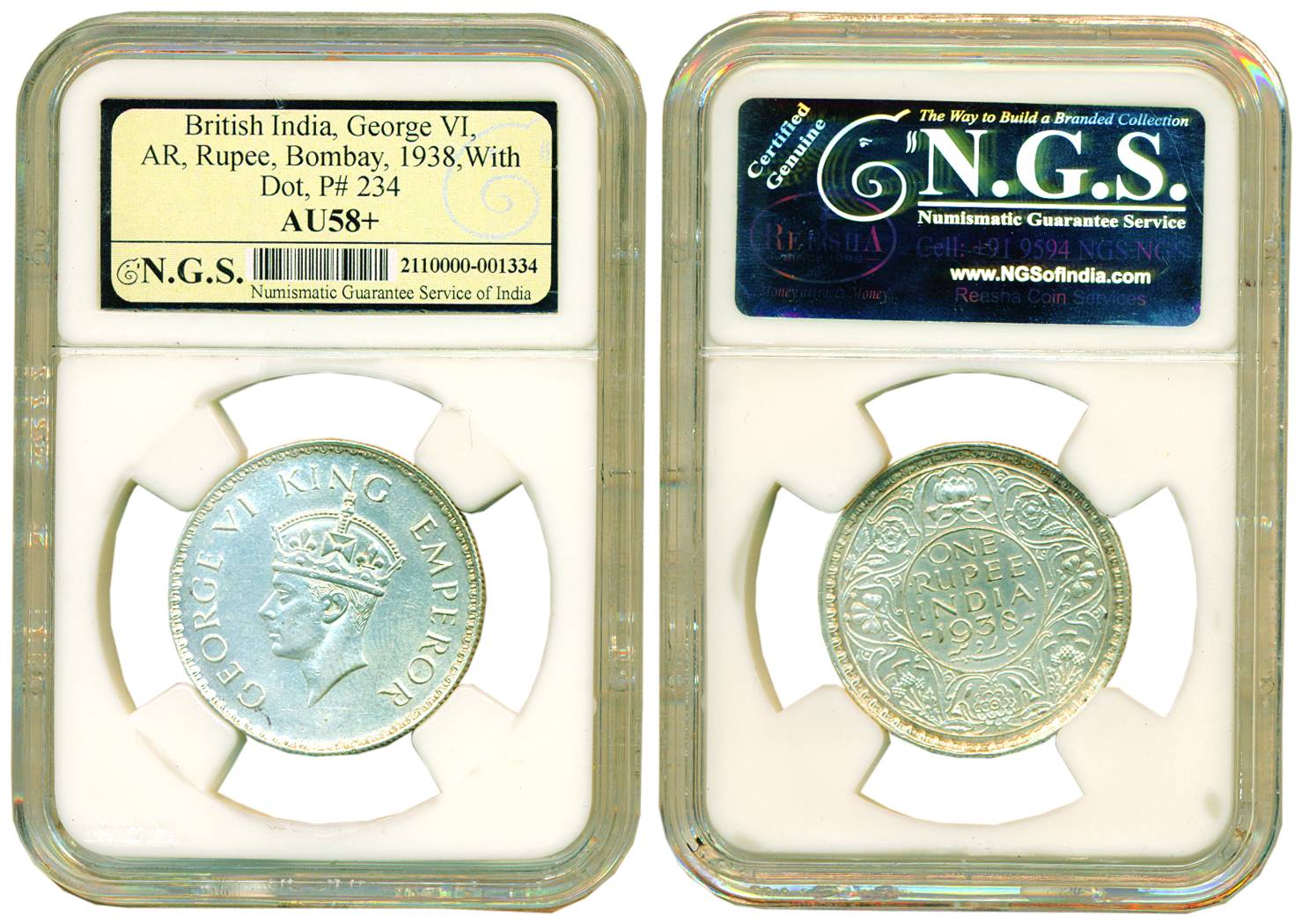 George VI, Silver, Rupee, 1938, Bombay Mint, Dot mint mark (Pridmore# 234). Graded and Sla