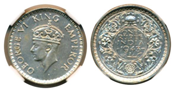 George VI, Silver, Rupee, 1943, Bombay Mint, Large Head type, A/II/Diamond, Small 3 (unlis