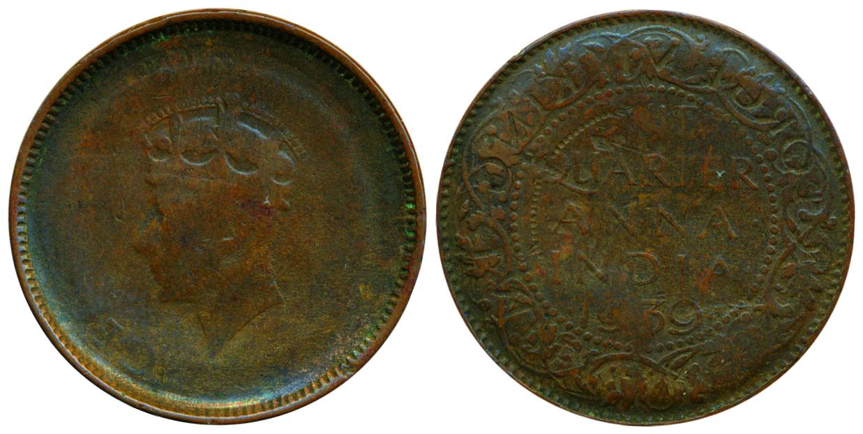George VI, Copper, ¼ Anna, Bombay Mint, 1939, Beautiful Error, Partly Obverse Lakhi. Fine+