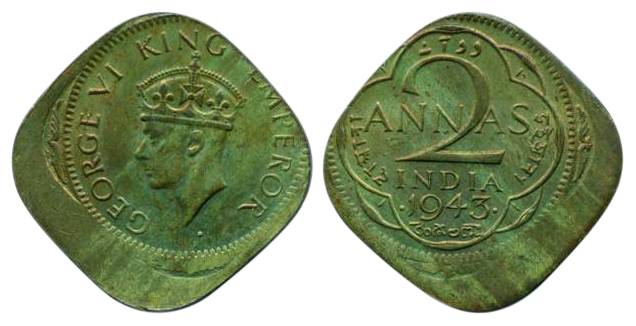 George VI, Nickel-Brass, 2 Annas, Bombay Mint, 1943, Error, Die Shift on both sides. Very 