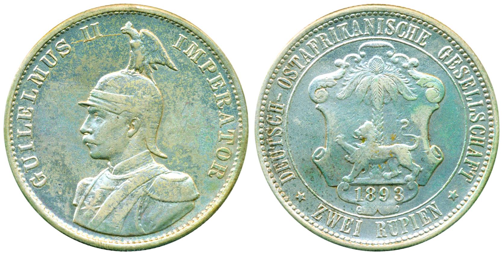 German East Africa, Guilelmus II, Silver, Double Rupee, 1893. Very Fine+, Very Rare.