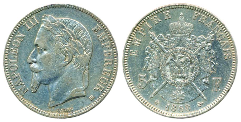 France, Napoleon III, Silver, 5 Francs, 1868, bust of the monarch to left on obv, arms of 