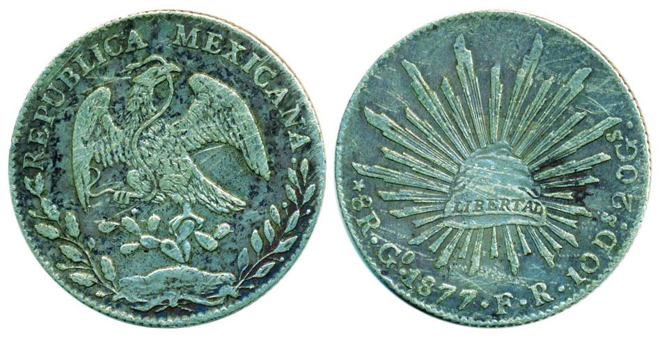 Mexico, Silver, Riyal, 1877, Eagle type. Very Fine, Scarce.