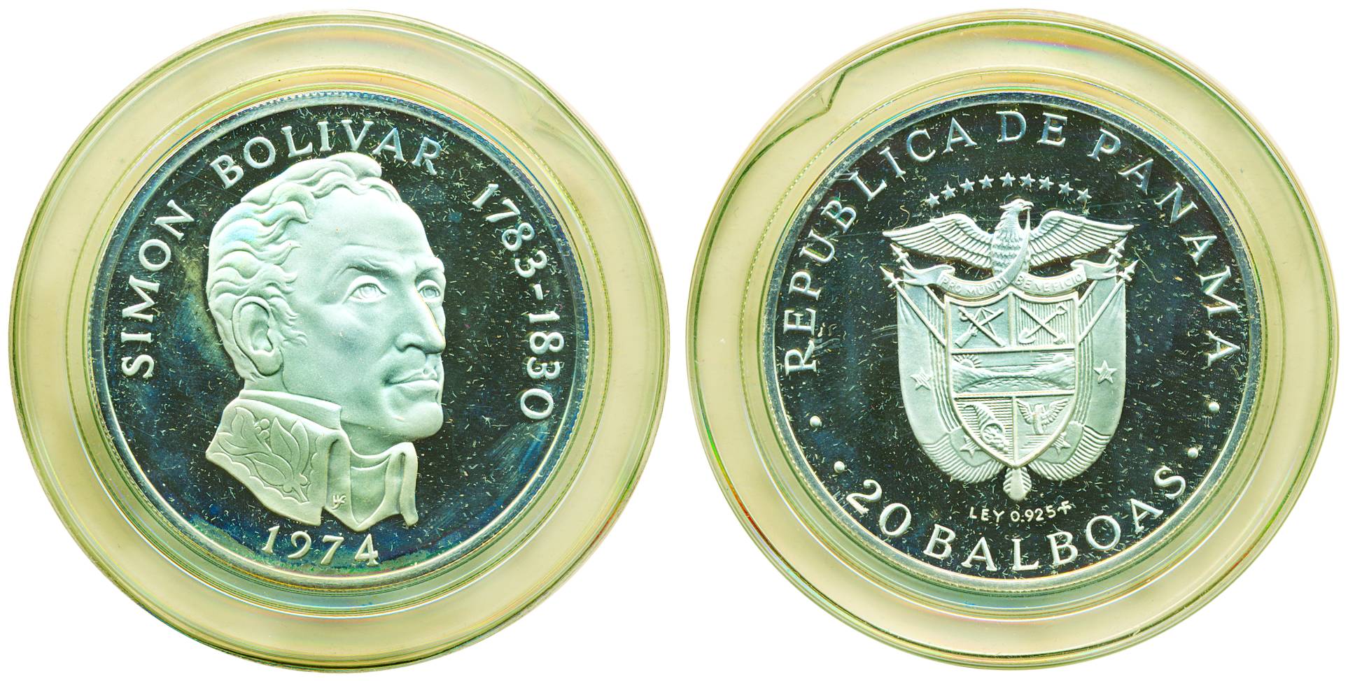 Panama, Silver, 20 Balboas Proof, Simon Bolivar 1783-1830 issue, Franklin Mint, 1974. In o