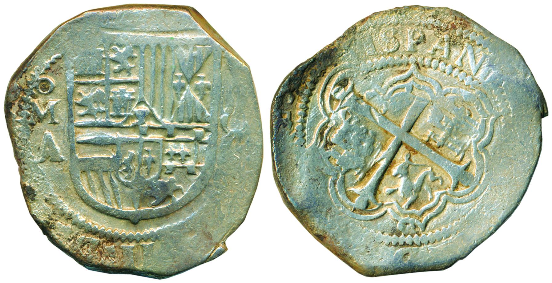 Spain, Silver, Spanish 8 Real, cross on obv, crowned arms on rev. About Very Fine for the 