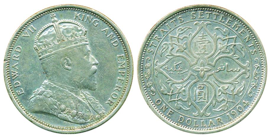 Straits Settlements, Edward VII, Silver, Dollar, 1904, straight milling. Very Fine+, Scarc