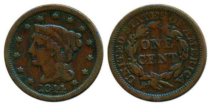 USA, Copper, 1 Cent, Liberty Head, 1844, plain edge. About Very Fine, Scarce.