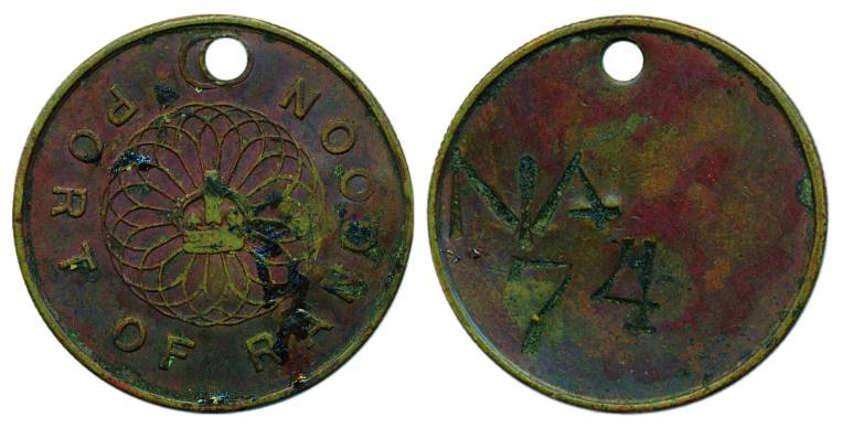 Rangoon Port Token, Copper, an Edwardian Royal crown within a lotus and around PORT OF RAN