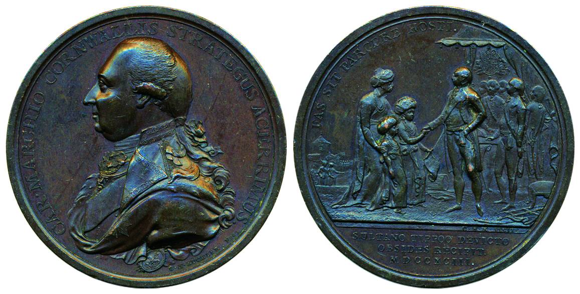 Surrender of Tipu Sultan's Children Medal, Bronze, portrait of Cornwallis to left on obv; 