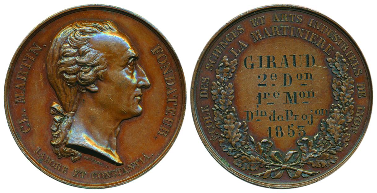 Claude Martin Medal, Bronze, bust of the Lord to right on obv, inscription around wreath a
