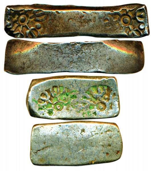 Punch-marked coins, Gandhar Janapada, 6th century BC, Silver (2), Bent Bar, two symbol ser