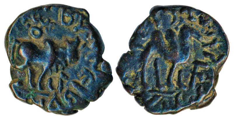 Kushanas, Wima Takto, Copper, 3.68 g, a double humped camel to right on obv and a bull to 