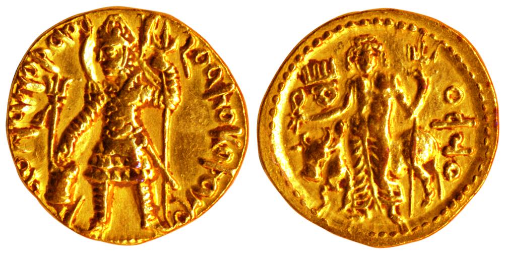Kushanas, Kanishka II , Gold, 7.96 g, Dinar, king offering to the fire-altar with legend a