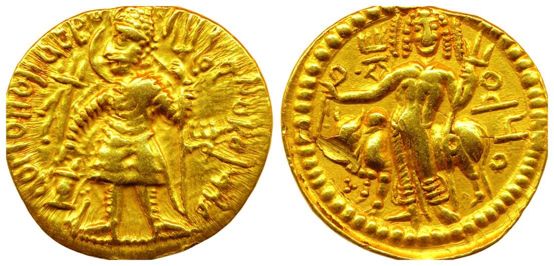 Kushanas, Vasudeva, Gold, 7.94 g, Dinar, king offering to the fire-altar with legend aroun