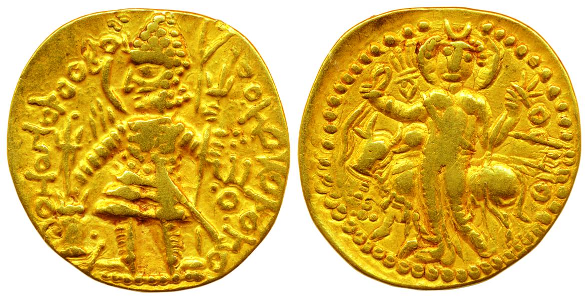 Kushanas, Vasudeva, Gold, 7.65 g, Dinar, usual style of the king standing to left and givi
