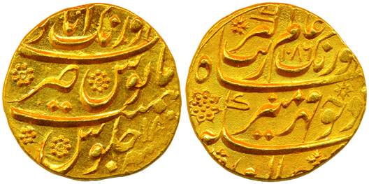 Aurangzeb, Gold, 11.05 g, Mohur, Aurangabad mint, mint name completely visible at top on r